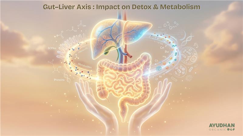 Gut liver axis illustration showing connection between digestive system and liver for detox and metabolism