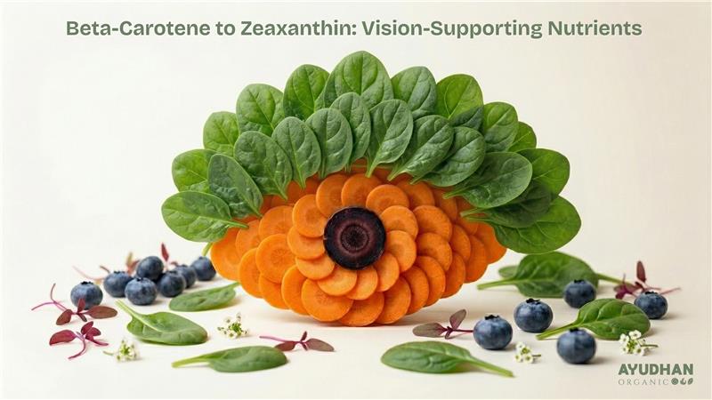 Beta carotene and zeaxanthin rich foods like carrots spinach and blueberries for natural eye health and vision support