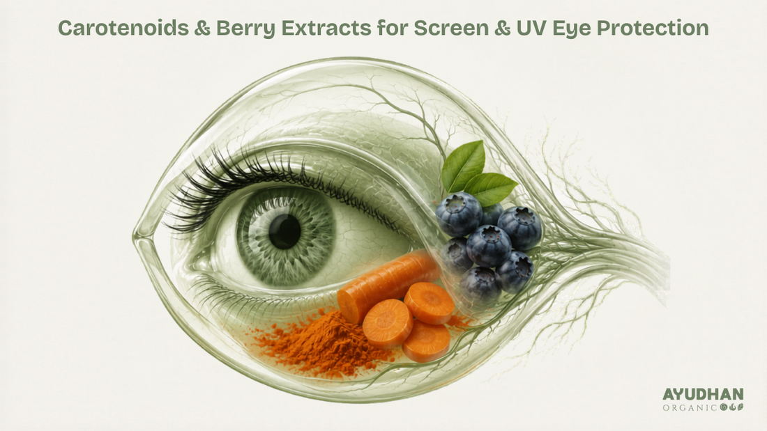 Carotenoids and berry extracts supporting screen and UV eye protection with blueberries and carrots around a healthy eye