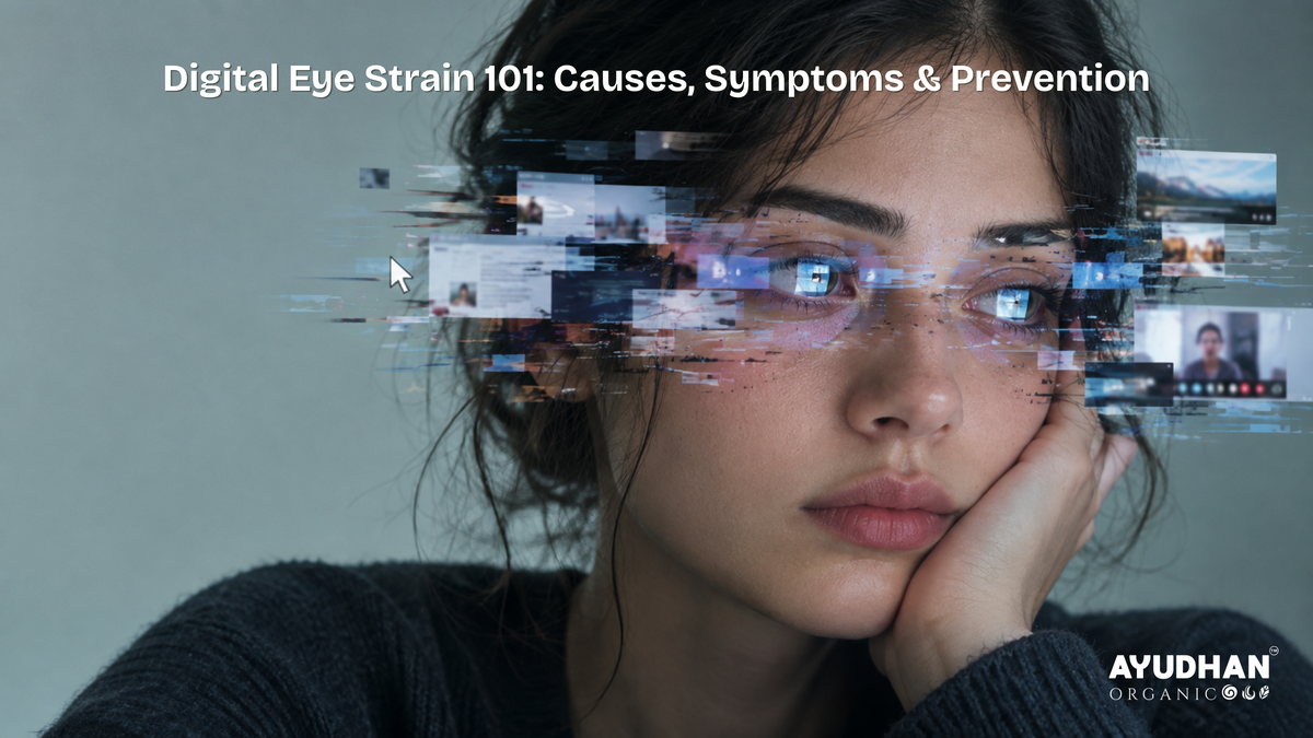 Woman experiencing digital eye strain while using screens, illustrating eye strain symptoms, causes and prevention tips