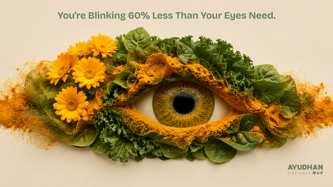 Eye health illustration showing dry eyes from screen use, tear film support, blink rate, ocular surface health, and nutrients that help maintain eye comfort and visual function.