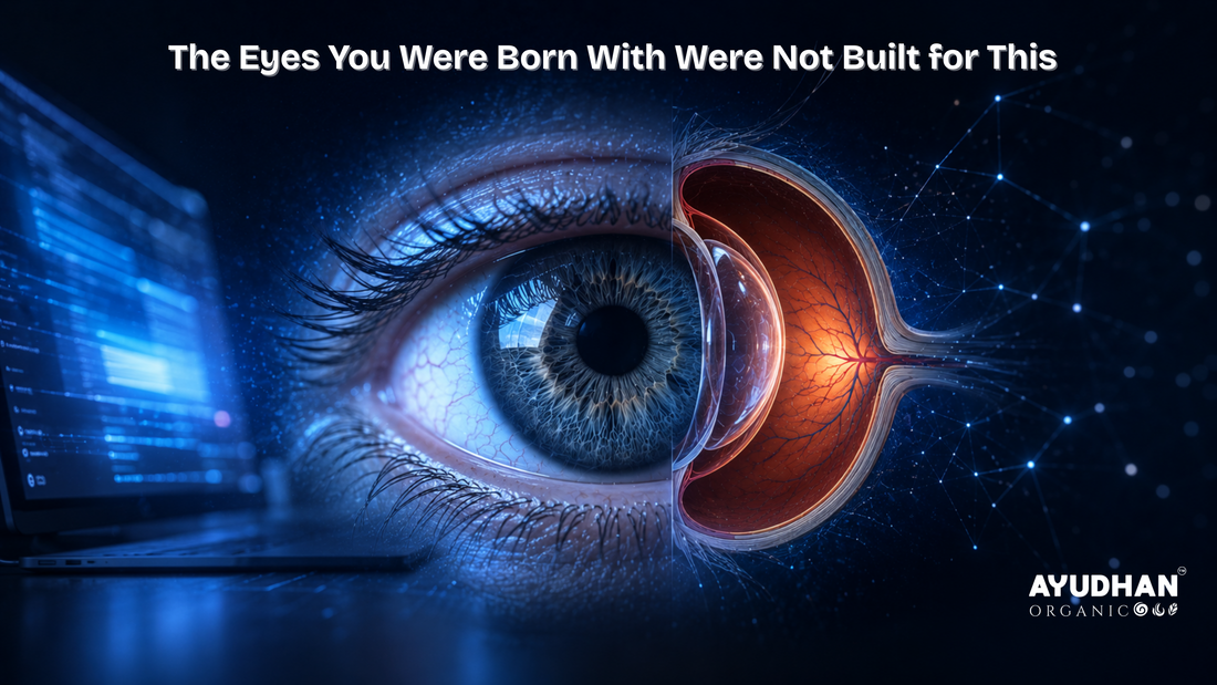 Illustration showing the impact of prolonged screen use on eye health after 40, featuring a human eye, retinal anatomy, and digital eye strain caused by extended screen exposure.