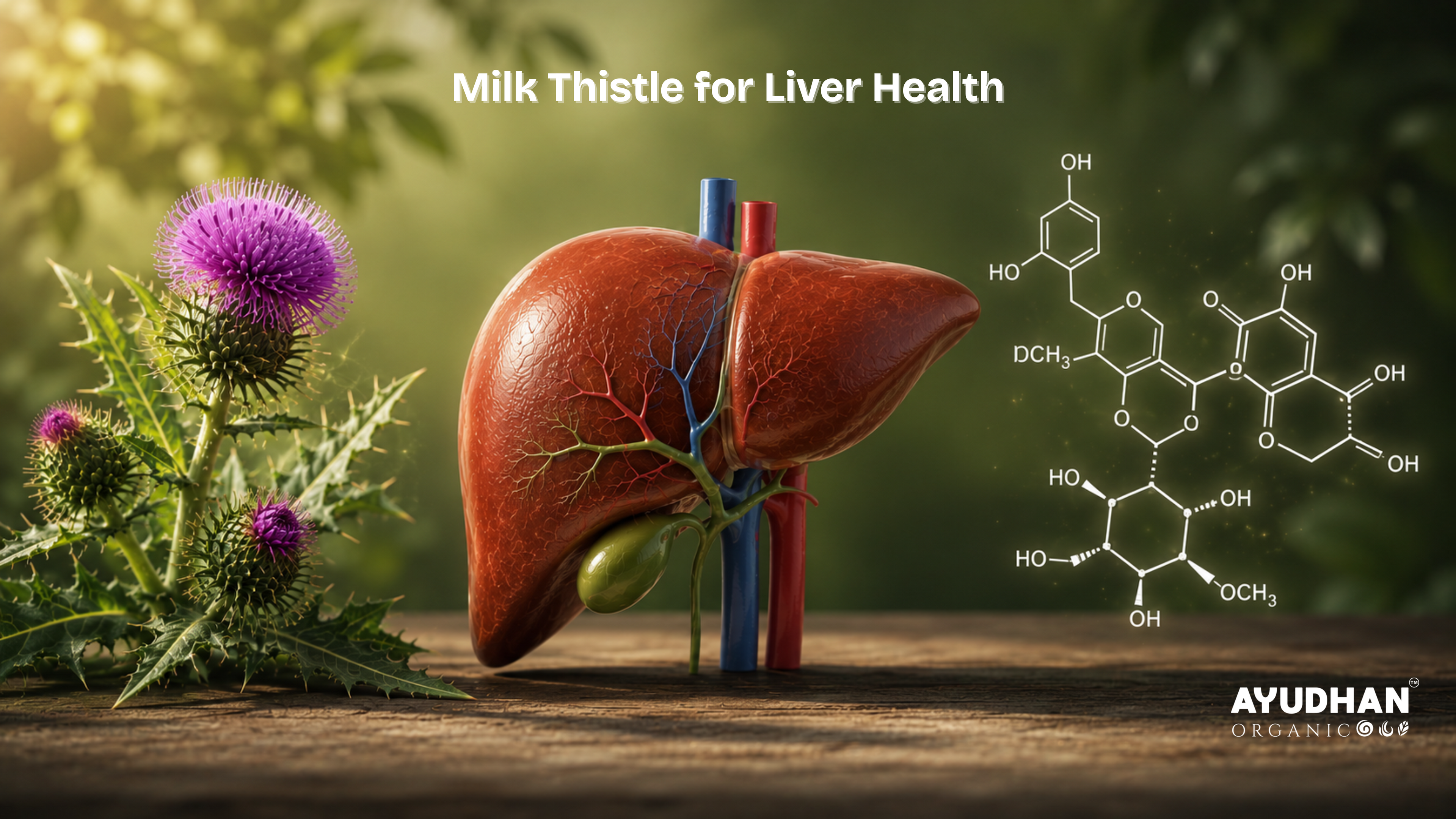 Milk thistle plant, healthy human liver, and silymarin chemical structure illustrating the liver health benefits of milk thistle.