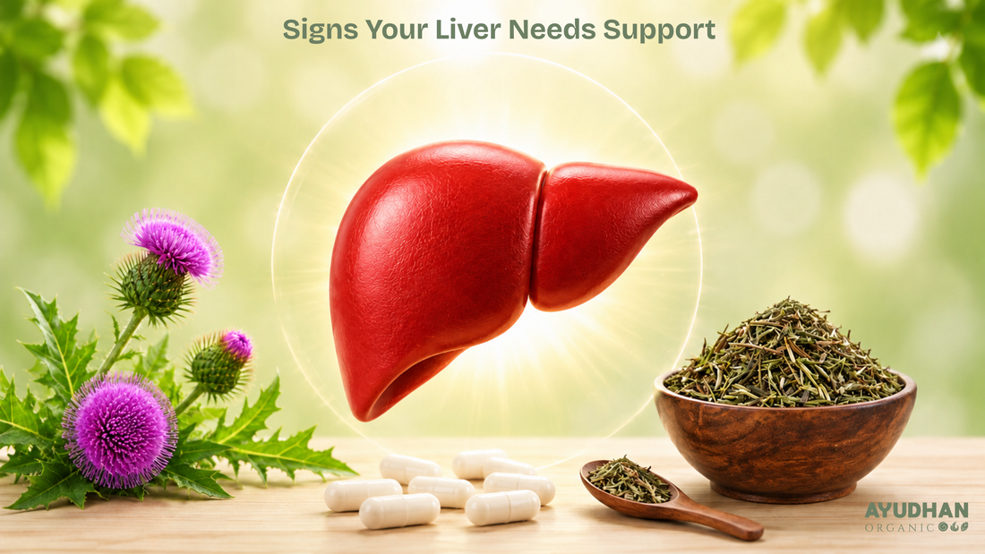 Signs your liver needs support with herbal liver wellness supplements, milk thistle, detox herbs, and natural liver health support by Ayudhan Organic.