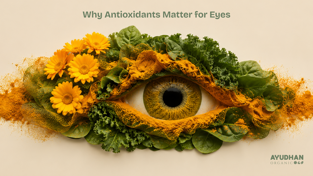 Eye surrounded by antioxidant-rich vegetables and flowers symbolizing eye health benefits