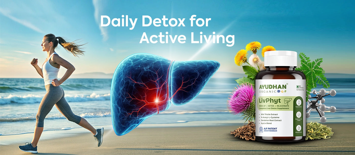 Ayudhan LivPhyt liver detox supplement banner with daily detox for active living message and beach running scene