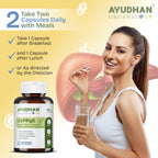 Ayudhan LivPhyt liver detox capsules dosage instructions with woman taking capsule and water