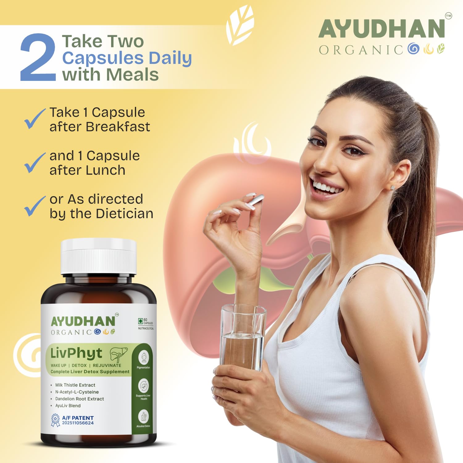 Ayudhan LivPhyt liver detox capsules dosage instructions with woman taking capsule and water