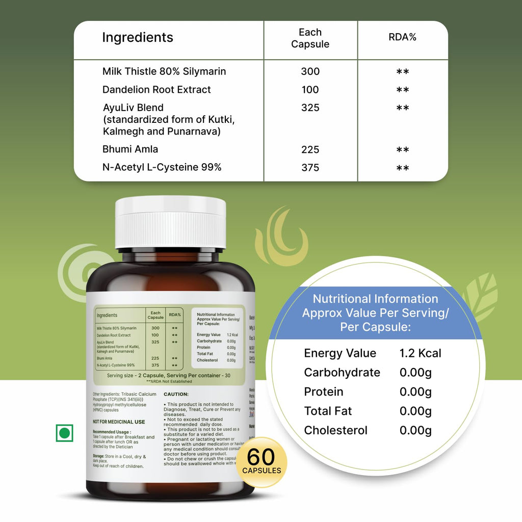 Ayudhan LivPhyt liver detox capsules ingredient list and nutrition facts panel