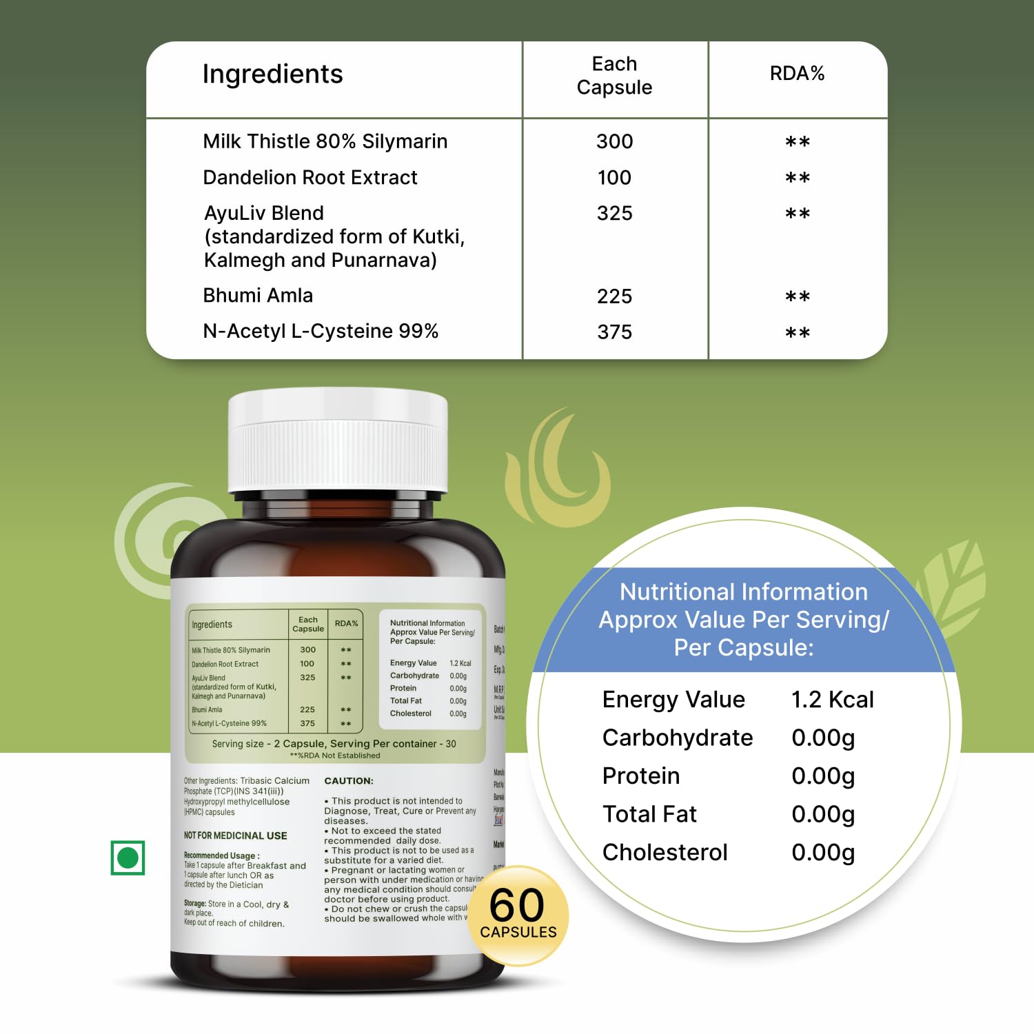Ayudhan LivPhyt liver detox capsules ingredient list and nutrition facts panel