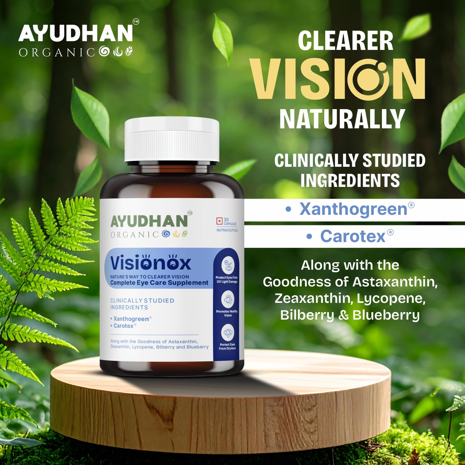 Ayudhan Visionox eye care supplement bottle with clearer vision naturally graphic and green foliage background