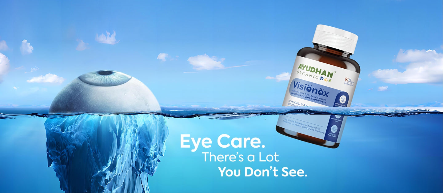 Ayudhan Visionox eye care supplement banner with iceberg eye concept and vision awareness