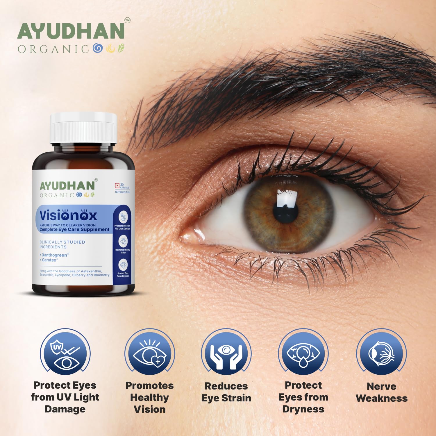 Ayudhan Visionox eye care supplement bottle with a close-up of eye and vision health benefits