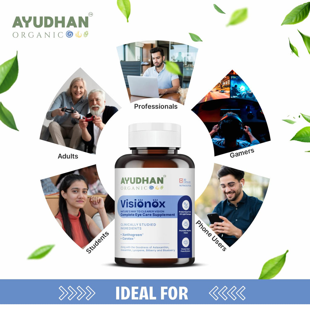 Ayudhan Visionox eye care supplement bottle with a graphic that is ideal for adults, students, gamers, professionals, and phone users.