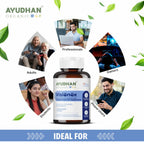 Ayudhan Visionox eye care supplement bottle with a graphic that is ideal for adults, students, gamers, professionals, and phone users.