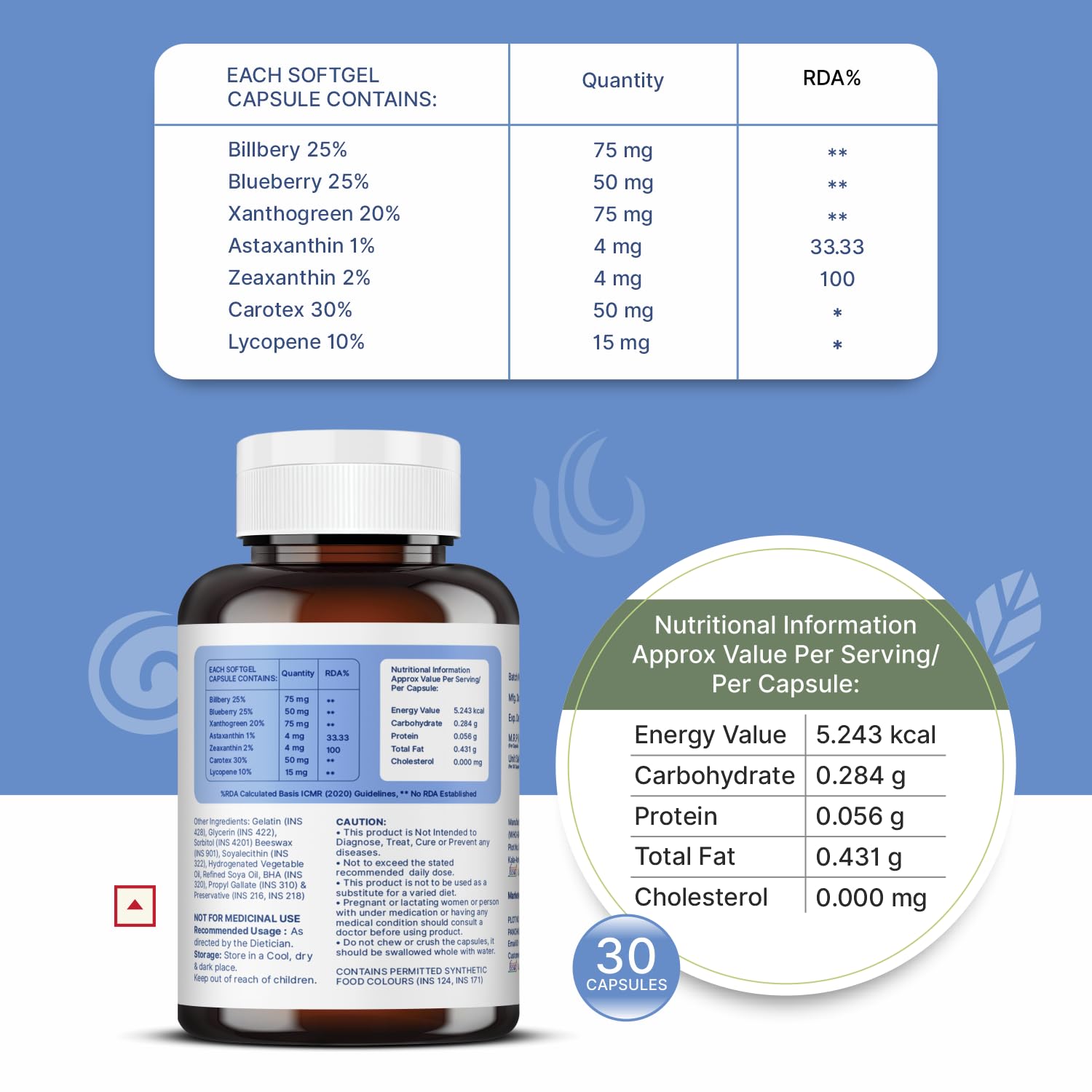 Ayudhan Visionox eye care supplement ingredients and nutritional information label