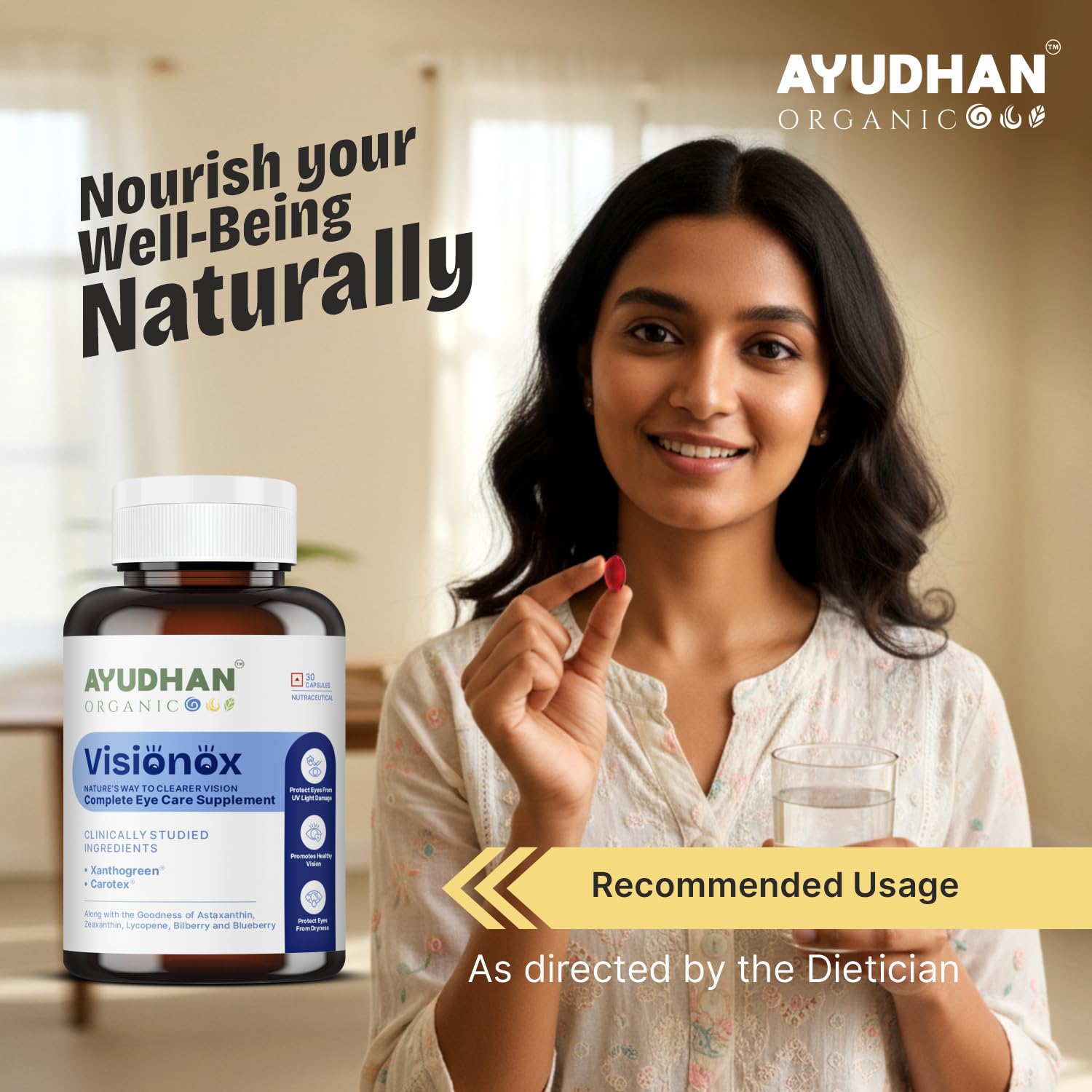 Ayudhan Visionox eye care supplement bottle with woman holding capsule and recommended usage graphic